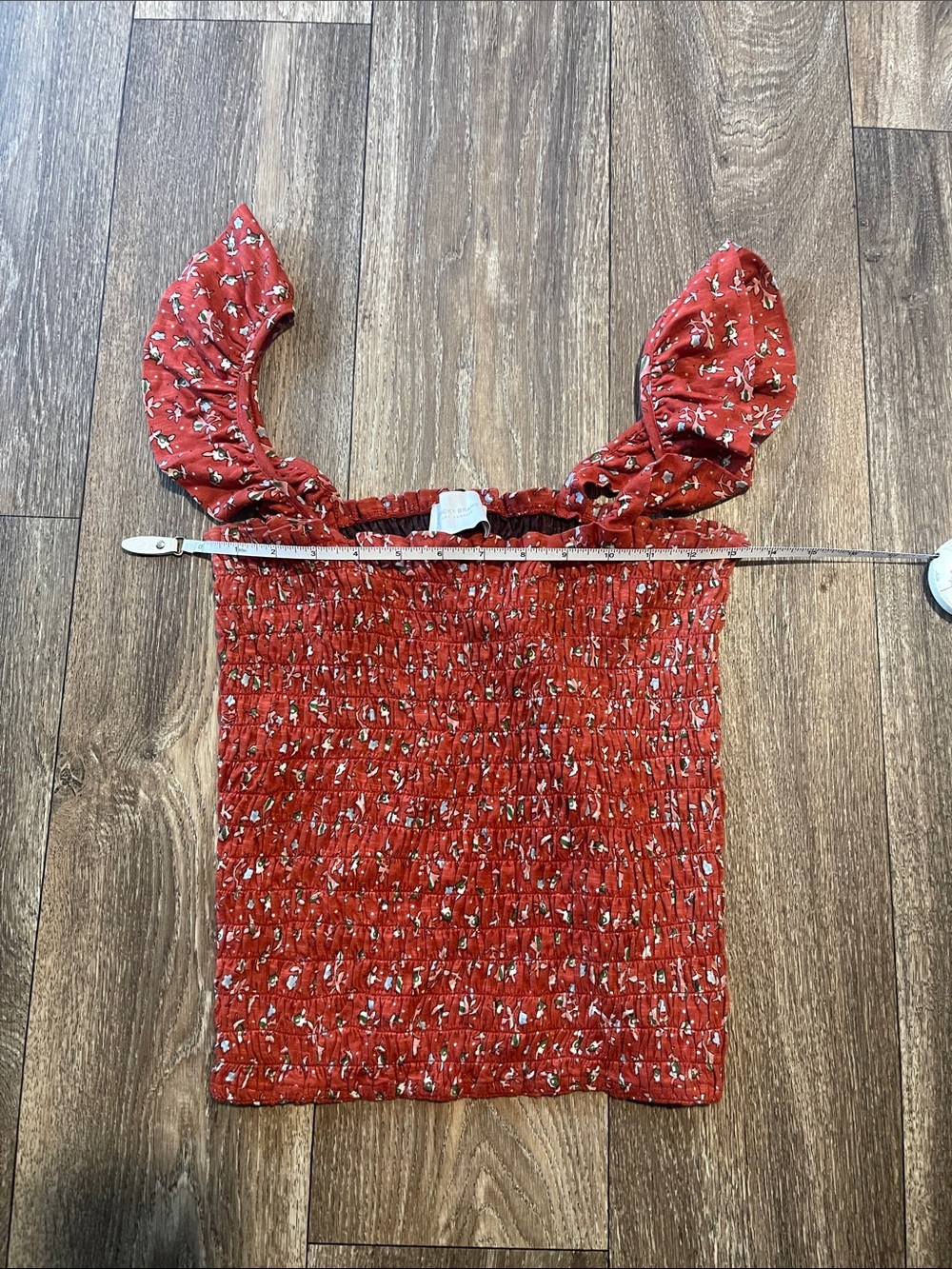 Lucky Brand Rust Red Floral Smocked Tank Top Ruffle Strap L